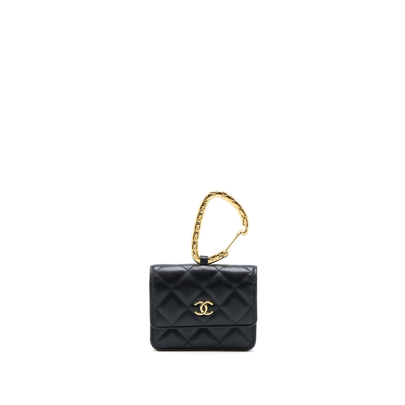 CHANEL NEW Black Lambskin Leather Card Holder Mini Jewel Hook