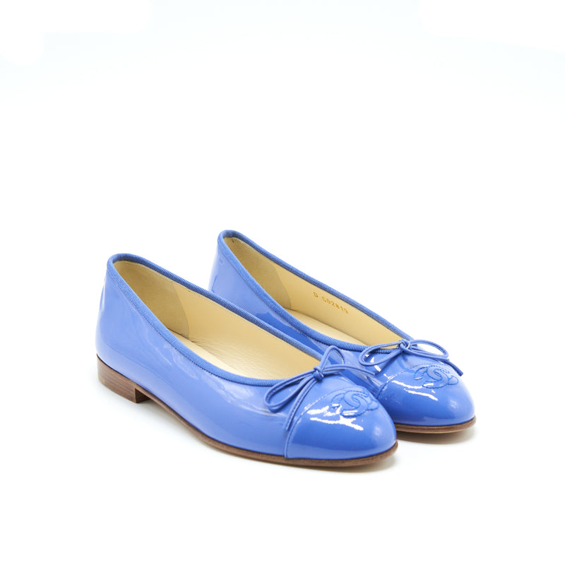 Chanel Size 37 Cap Toe Ballerina Flats Patent Calfskin Blue