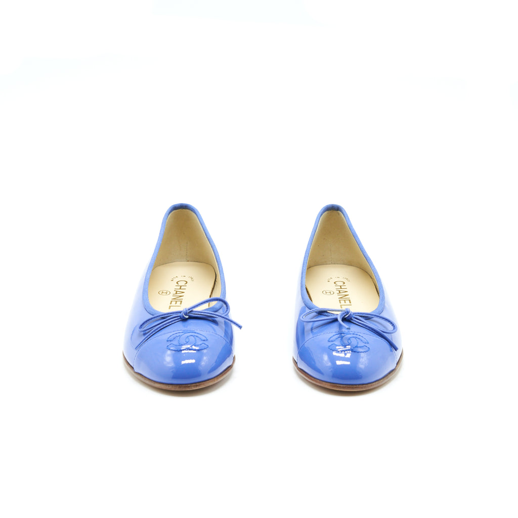 Chanel Size 37 Cap Toe Ballerina Flats Patent Calfskin Blue