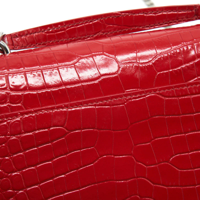 Saint Laurent/ YSL Mini Sunset Crocodile Embossed Red SHW