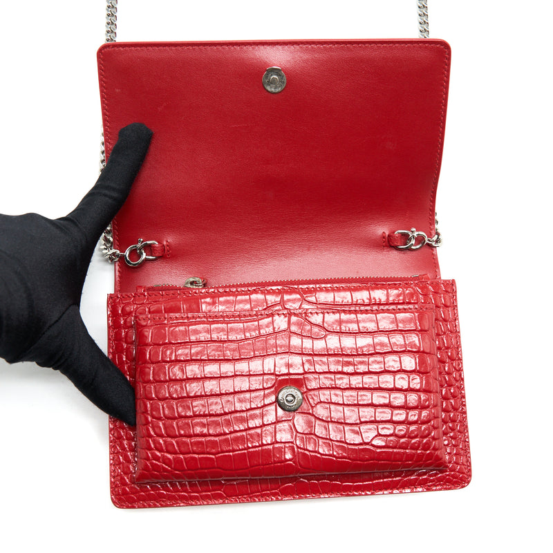 Saint Laurent/ YSL Mini Sunset Crocodile Embossed Red SHW