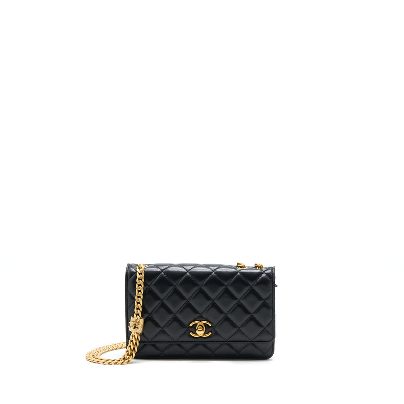 Chanel 22K Gold Pillar Wallet On Chain Lambskin Black Brushed GHW(Microchip)