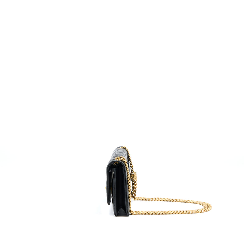 Chanel 22K Gold Pillar Wallet On Chain Lambskin Black Brushed GHW(Microchip)