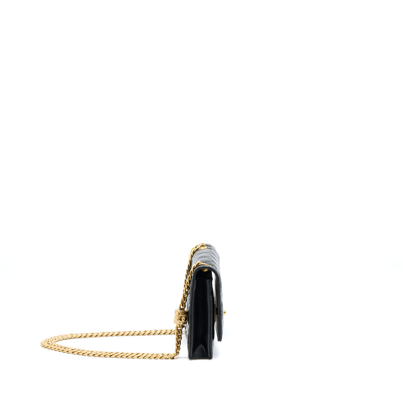 Chanel 22K Gold Pillar Wallet On Chain Lambskin Black Brushed GHW(Microchip)