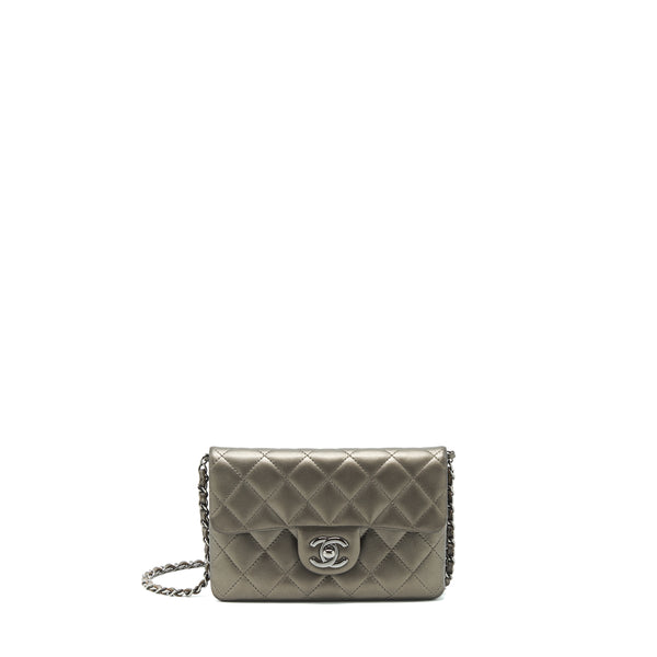 Chanel Flap And Zippy Mini Pouch With Chain Lambskin Metallic Brownish Grey With Dark Grey Hardware