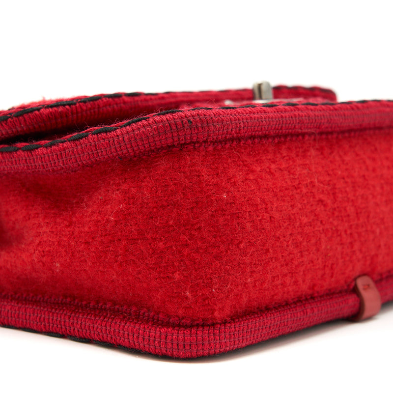 Chanel flap bag wool/fabric red Ruthenium hardware