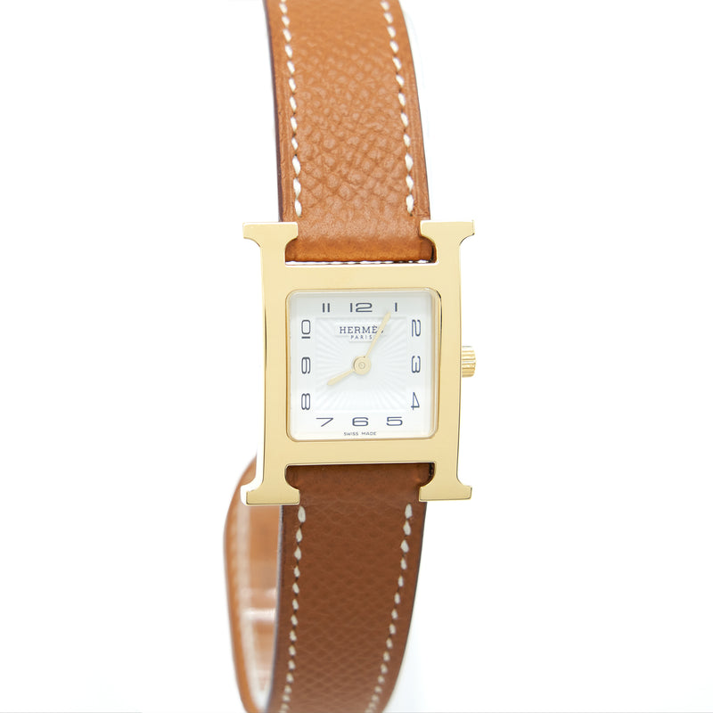 Hermes 21mm Heure Watch Epsom Gold Strap GHW