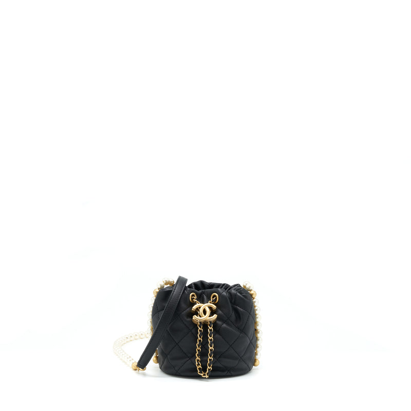 Chanel Mini Bucket Bag With Pearl Chain Lambskin Black GHW