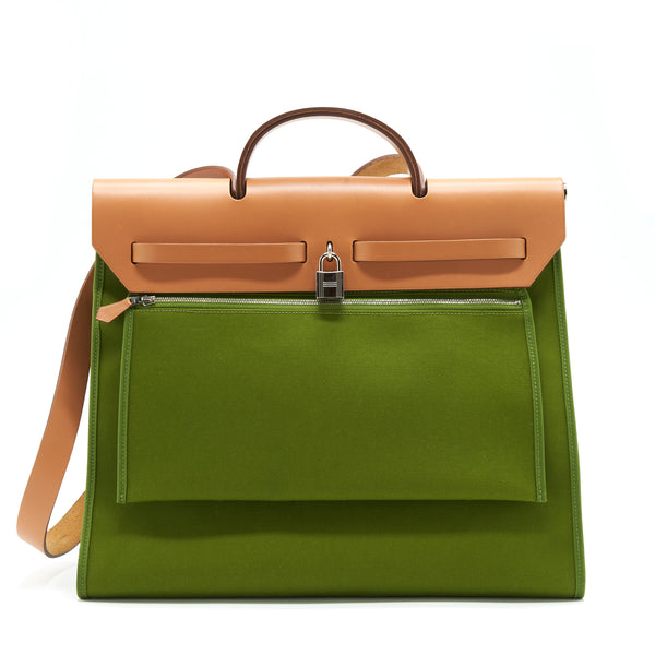 Hermes Herbag Zip 39 Canvas Pelouse/ Nature SHW Stamp Square O