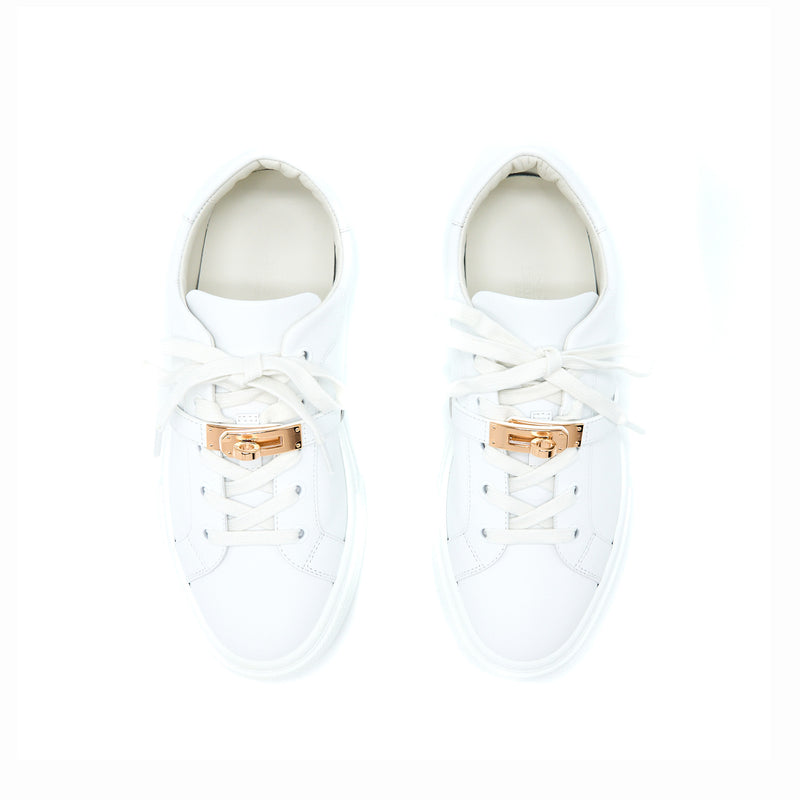 Hermes Size 38.5 Day Sneaker White Rose Gold Buckle