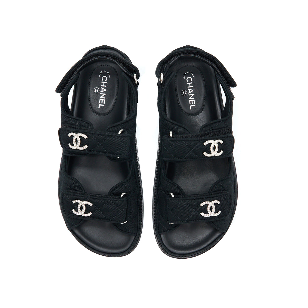 Chanel Size 36 Dad Sandals Crystal Logo Fabric Black