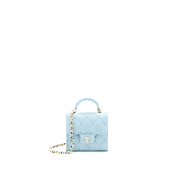 Chanel Mini Top Handle Flap Bag Lambskin Light Blue LGHW