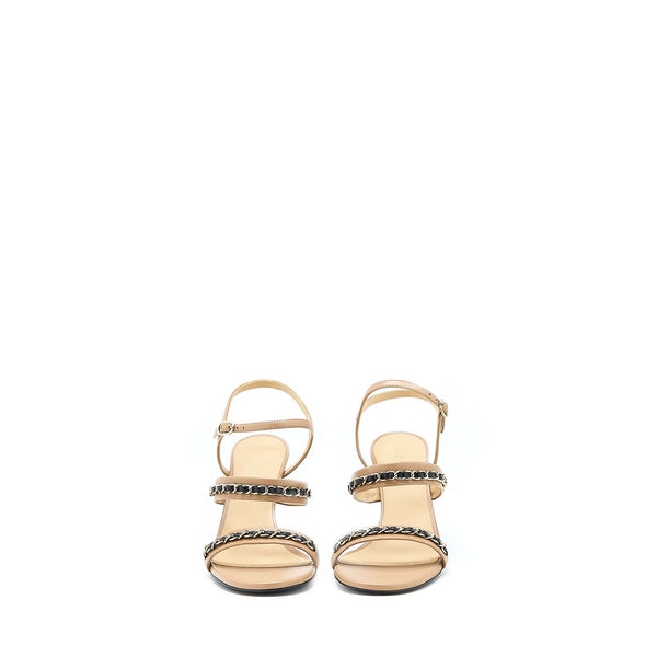 Chanel Size 38 Leather Chains Heel Sandals Lambskin Beige/Black LGHW