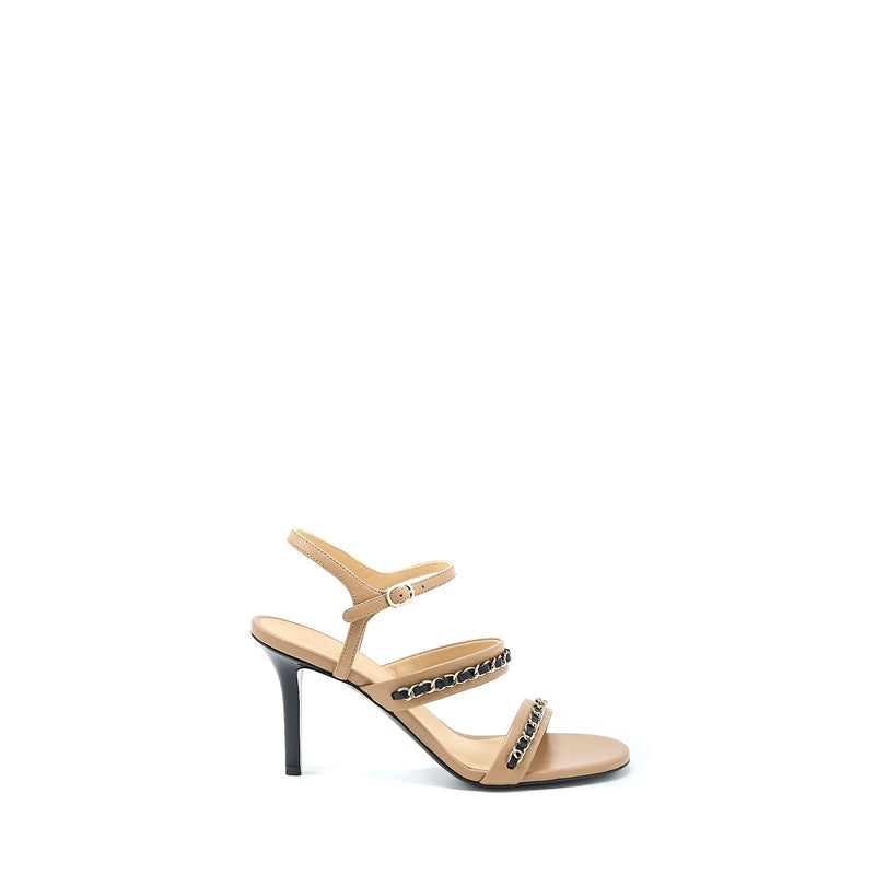 Chanel Size 38 Leather Chains Heel Sandals Lambskin Beige/Black LGHW