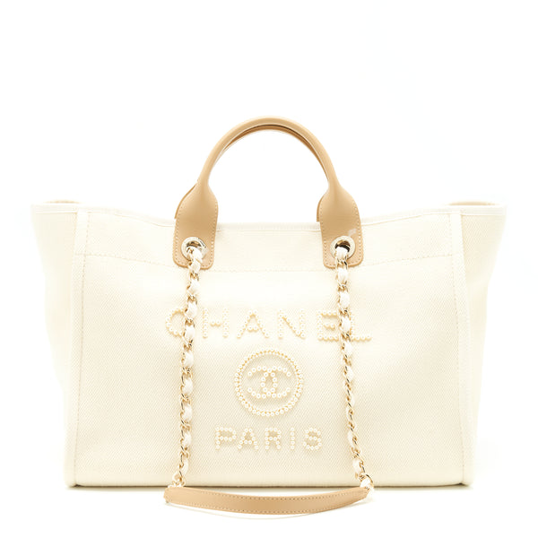 Chanel Deauville Tote Bag Canvas Light Beige LGHW