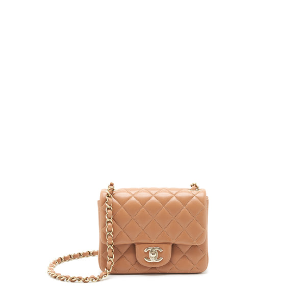 Chanel 22S Mini Square Flap Bag Lambskin Caramel LGHW (Microchip)