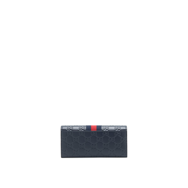 Gucci Men's Signature Web Leather Long Wallet In Dark Navy