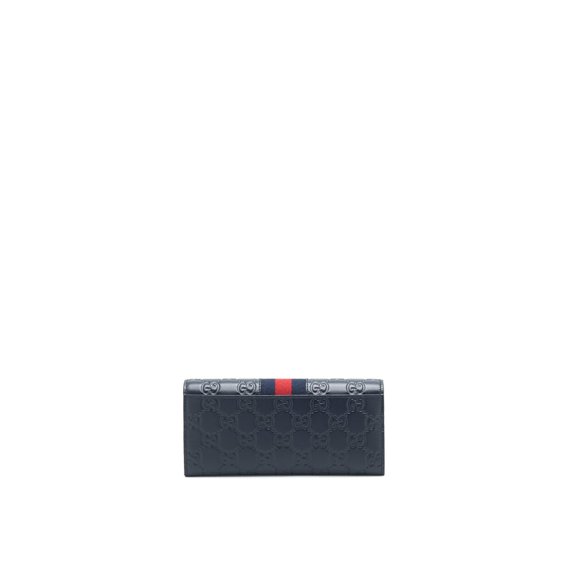 Gucci Men's Signature Web Leather Long Wallet In Dark Navy