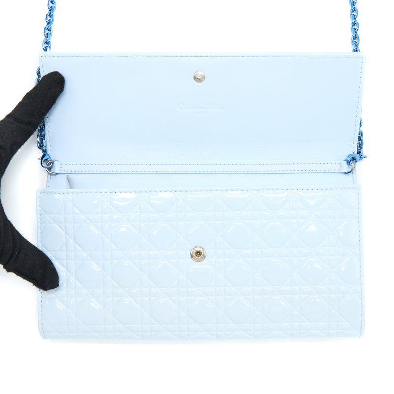 Dior Flap Wallet with Chain Patent Light Blue with Blue Hardware