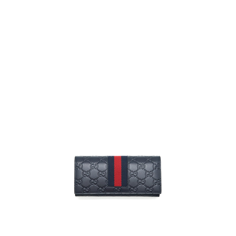 Gucci Men's Signature Web Leather Long Wallet In Dark Navy