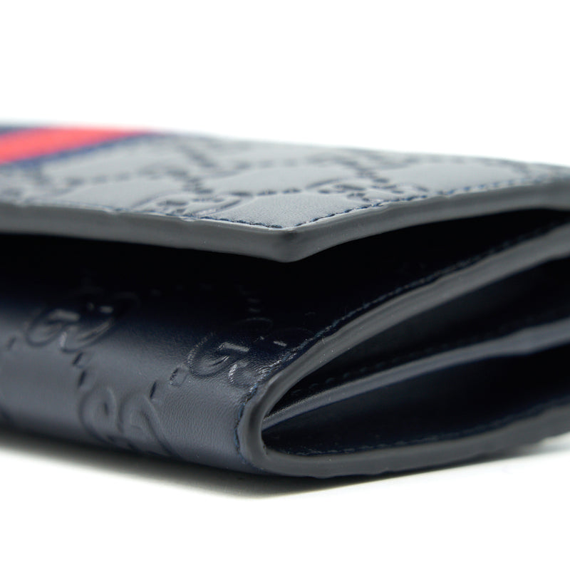 Gucci Men's Signature Web Leather Long Wallet In Dark Navy