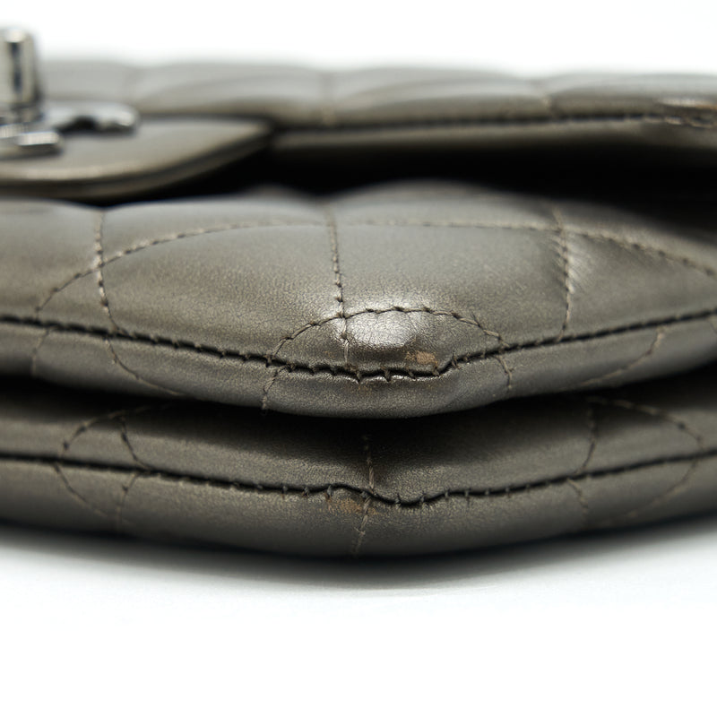 Chanel Flap And Zippy Mini Pouch With Chain Lambskin Metallic Brownish Grey With Dark Grey Hardware