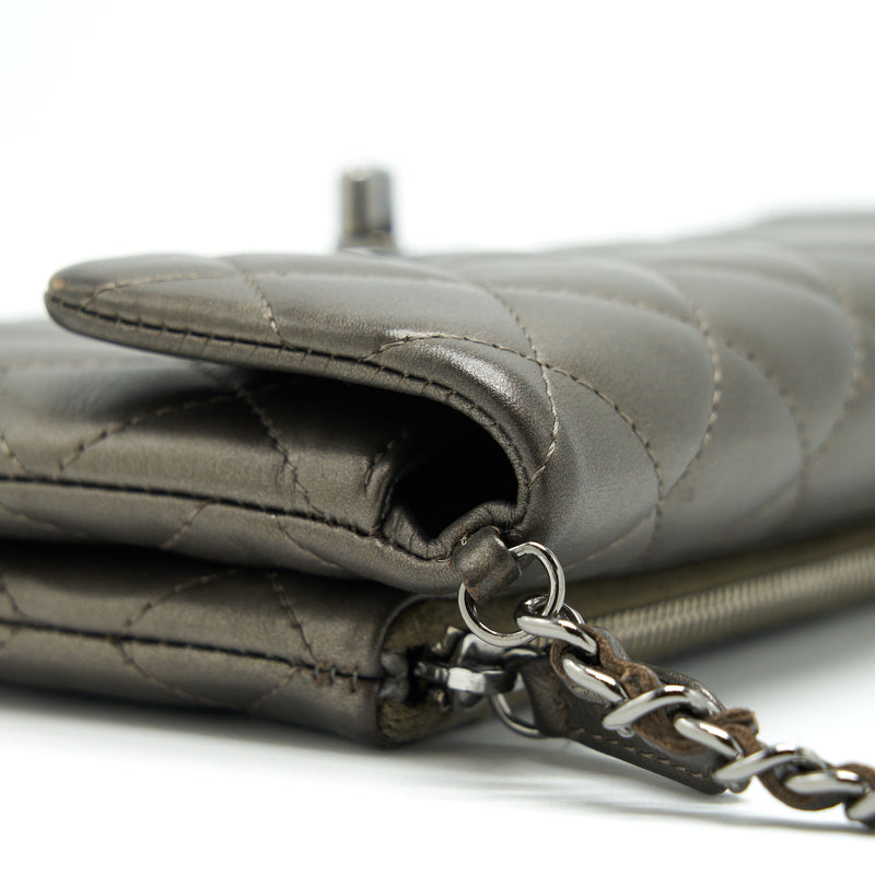 Chanel Flap And Zippy Mini Pouch With Chain Lambskin Metallic Brownish Grey With Dark Grey Hardware