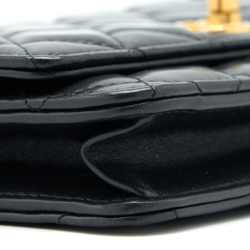 Chanel 22K Gold Pillar Wallet On Chain Lambskin Black Brushed GHW(Microchip)