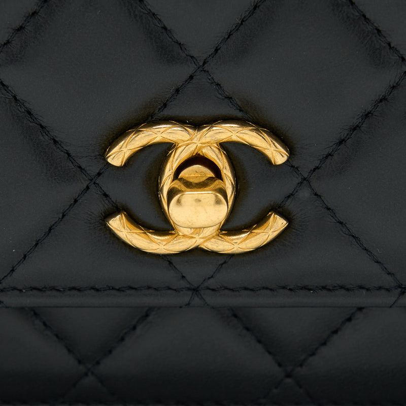 Chanel 22K Gold Pillar Wallet On Chain Lambskin Black Brushed GHW(Microchip)