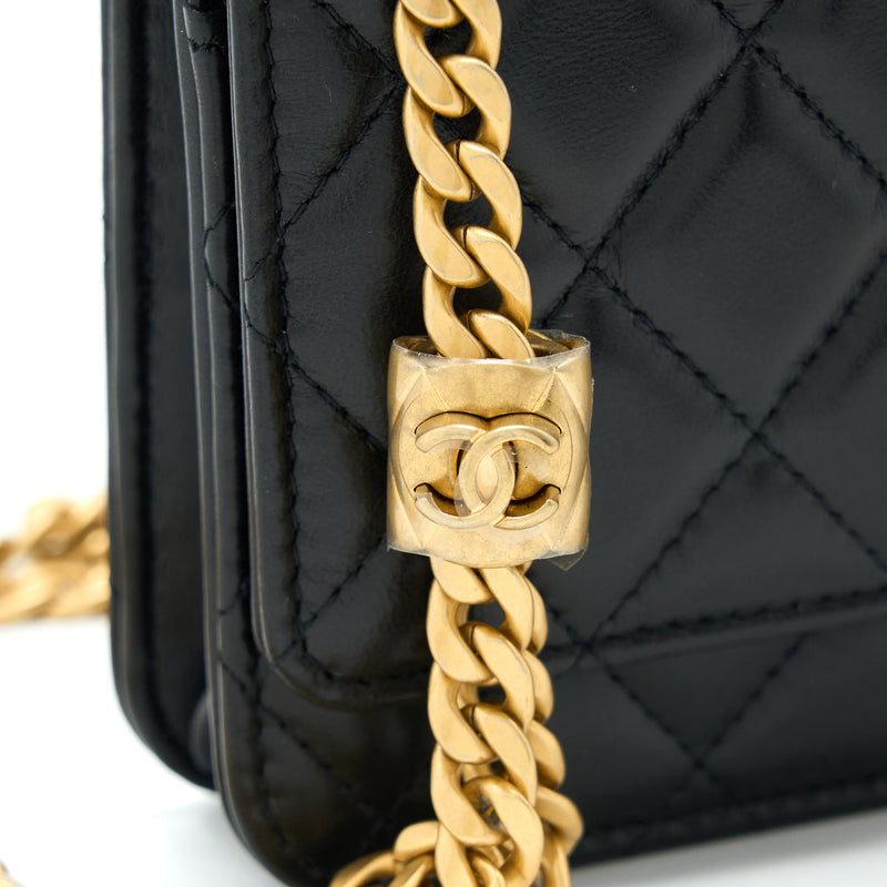 Chanel 22K Gold Pillar Wallet On Chain Lambskin Black Brushed GHW(Microchip)