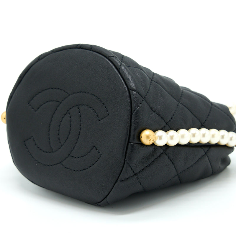 Chanel Mini Bucket Bag With Pearl Chain Lambskin Black GHW