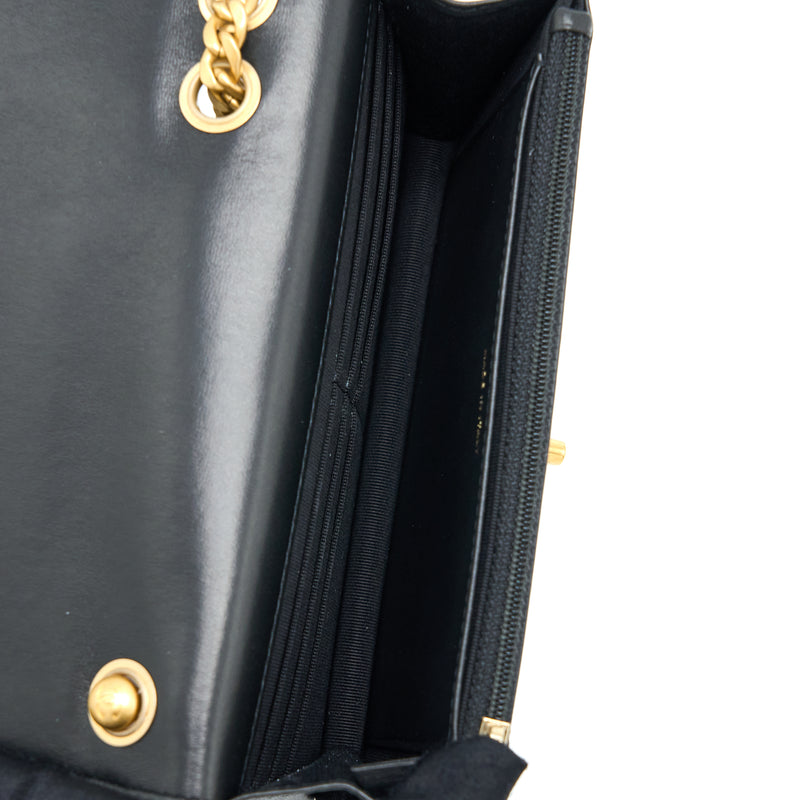 Chanel 22K Gold Pillar Wallet On Chain Lambskin Black Brushed GHW(Microchip)