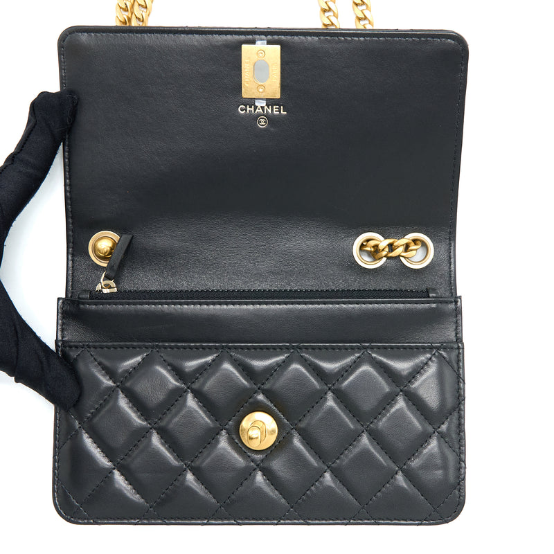 Chanel 22K Gold Pillar Wallet On Chain Lambskin Black Brushed GHW(Microchip)