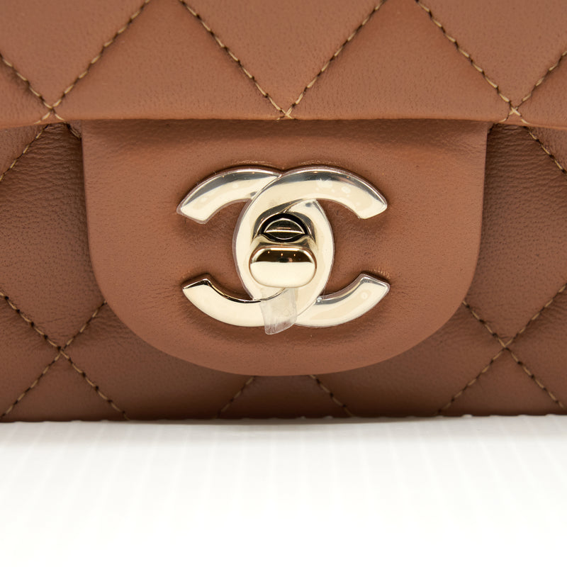 Chanel 22S Mini Square Flap Bag Lambskin Caramel LGHW (Microchip)