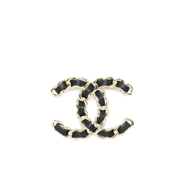 Chanel CC Logo Leather Chain Brooch Light Gold Tone