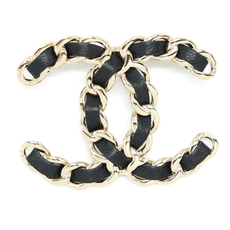 Chanel CC Logo Leather Chain Brooch Light Gold Tone