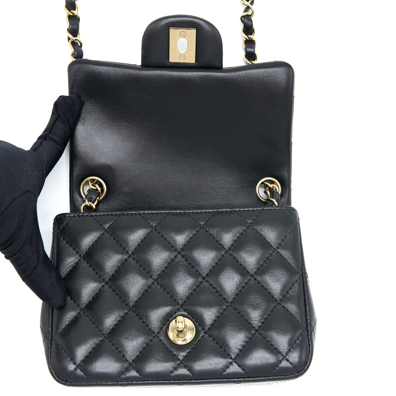 Chanel Mini Square Flap Bag Lambskin Black LGHW (Microchip)