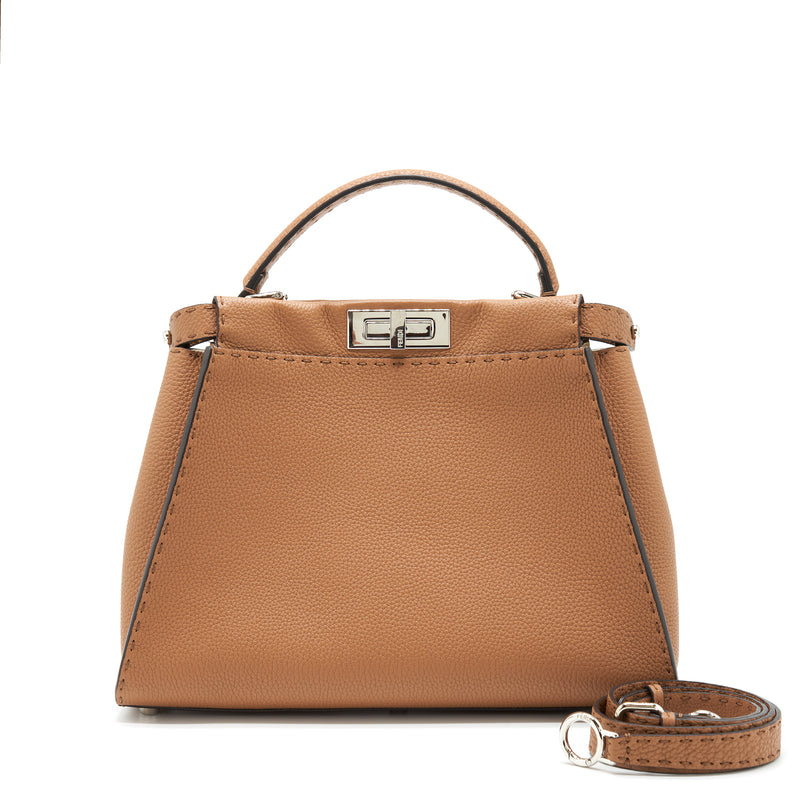 Fendi Medium Peekaboo Tote Bag Grained Calfskin Caramel SHW