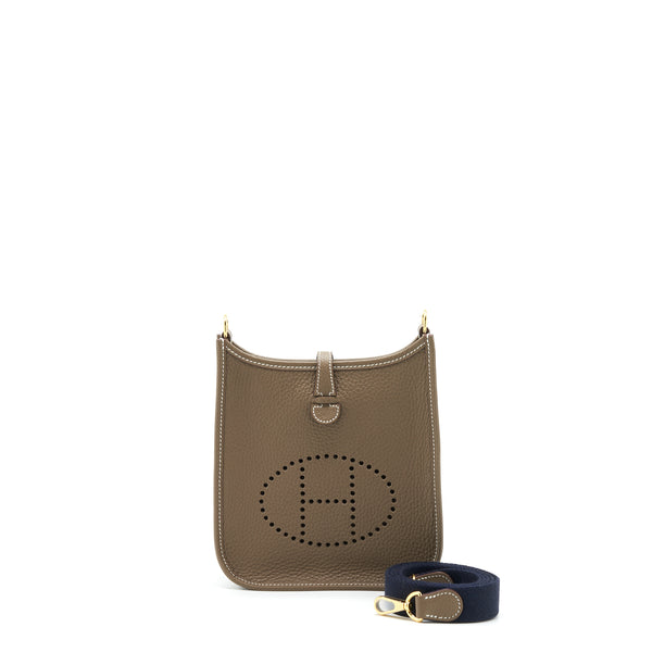 Hermes Mini Evelyne Clemence Etoupe/Blue Indigo GHW Stamp U