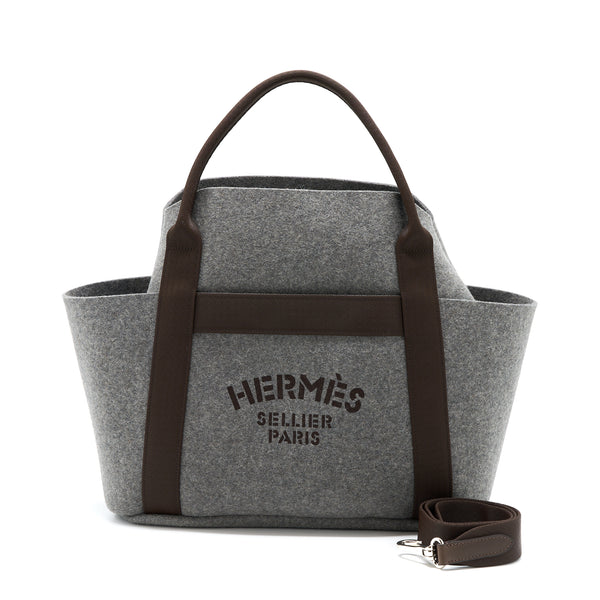 Hermes Sac De Pansage Groom 2way Tote Shoulder Bag Wool/Fabric Grey SHW Stamp Z