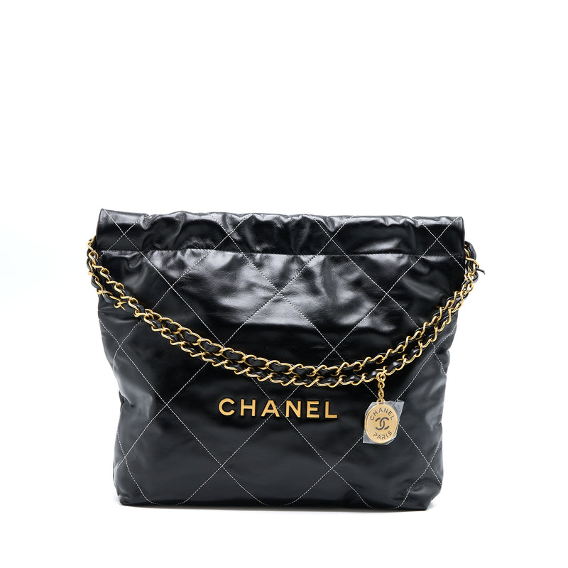 CHANEL Small 22 Bag Gold Letter Shiny Calfskin Black GHW (Microchip)