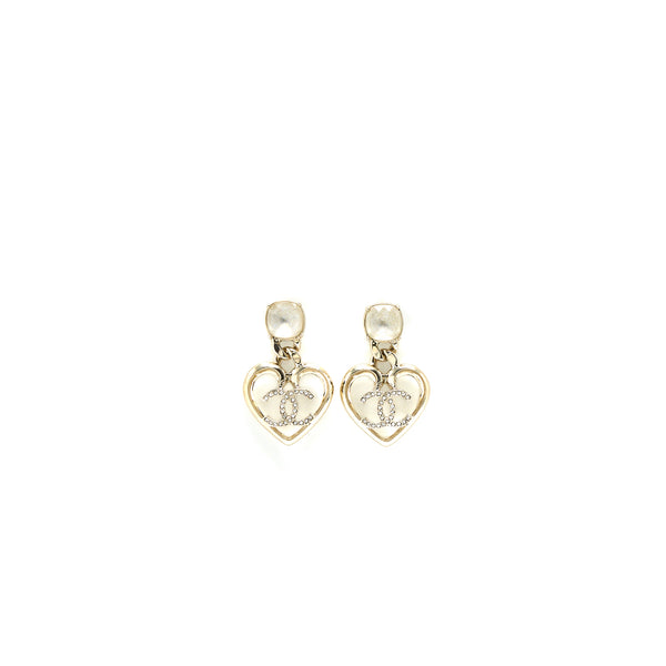 Chanel Logo Heart Drop Earrings Crystal Light Gold Tone