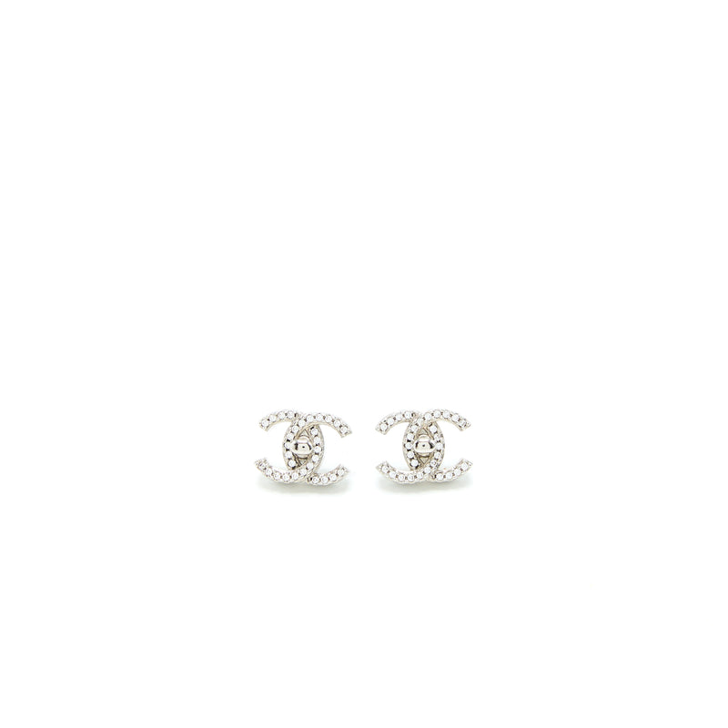 Chanel CC Logo Earrings Crystal Silver Tone