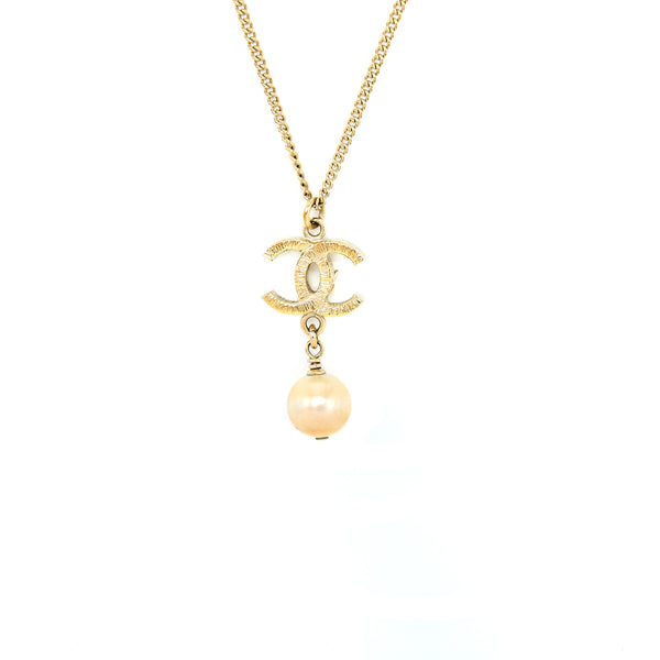 Chanel CC Logo Necklace with Pearl Light Gold Tone