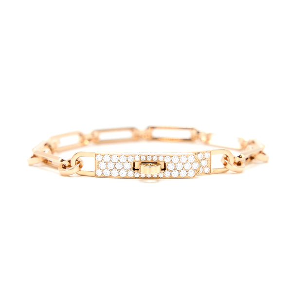 Hermes Size SH Kelly Chain Bracelet Rose Gold with Diamonds