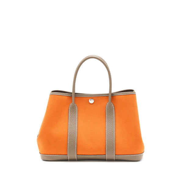 Hermes Garden Party 30 Canvas/Negonda Orange/Etoupe SHW Stamp Square Q