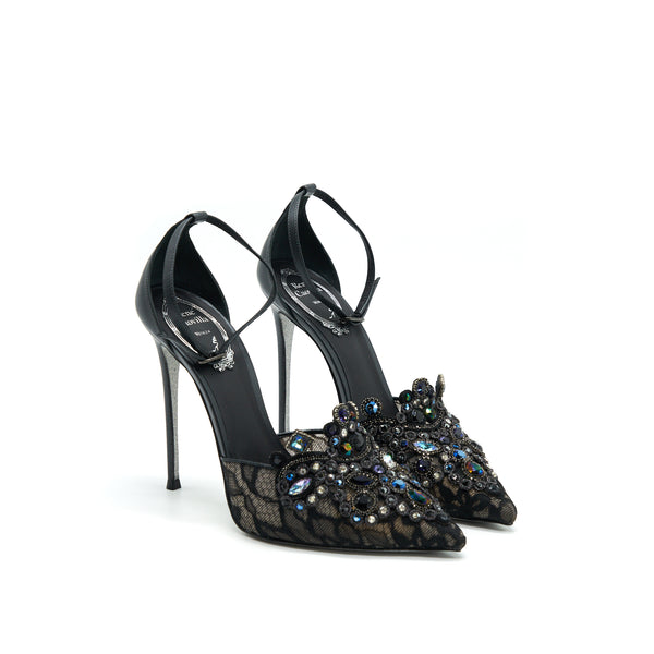 RENE CAOVILLA VENEZIANA ANKLET PUMP BLACK LACE SIZE 37