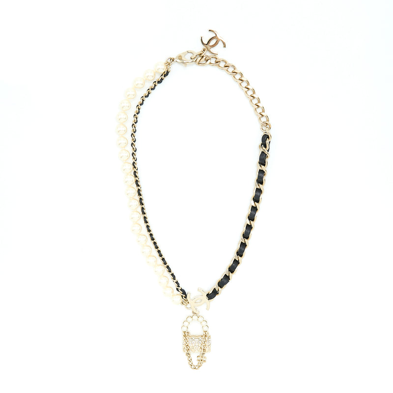 Chanel Pearl And Bag Charm Choker Light Gold Tone