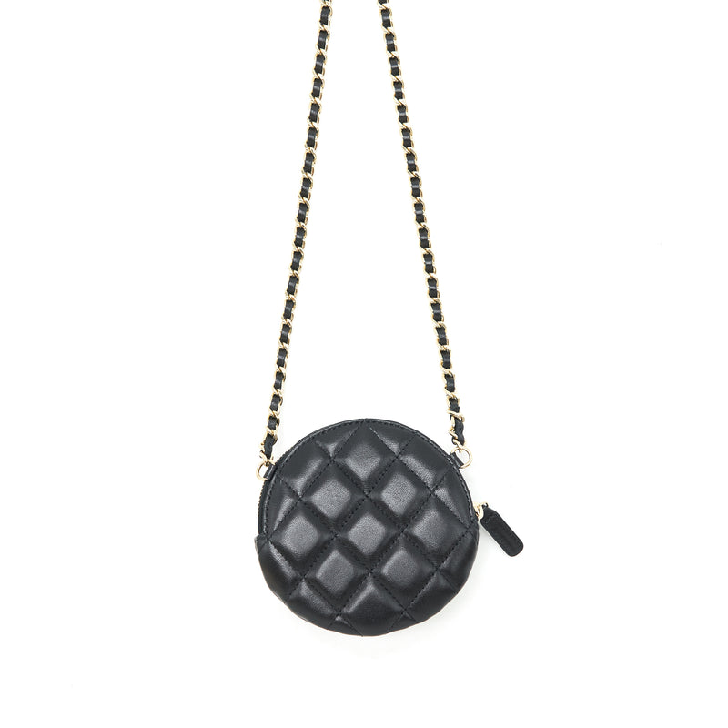 Chanel mini Round Camellia zippy Wallet with Chain Lambskin black GHW