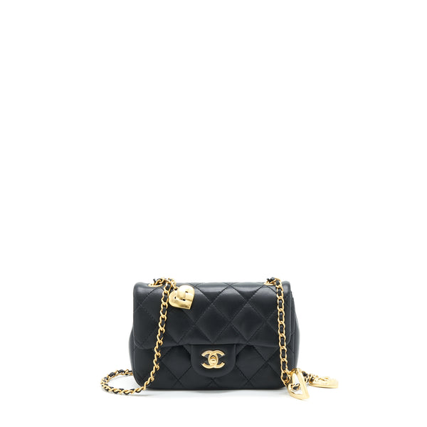 Chanel seasonal Mini Rectangular Flap Bag Heart Charm Chain Lambskin Black GHW (Microchip)